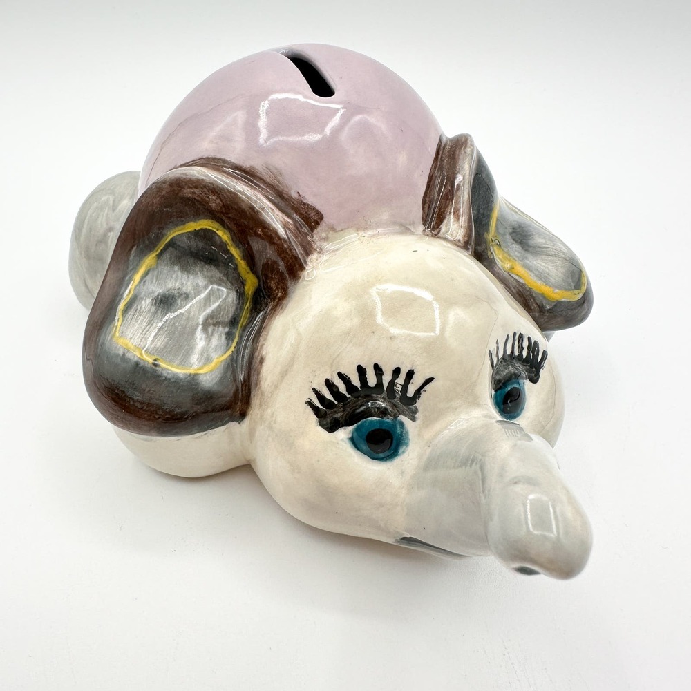 Studio Pottery Elephant Piggy Bank Hand Painted w Stopper Signed Juliana Vintage